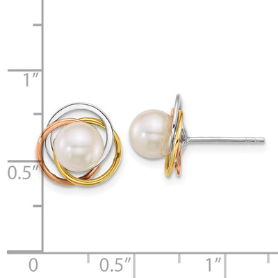 14K Tri-color Polished Round White South Sea Saltwater Cultured Pearl Love Knot Post Earrings