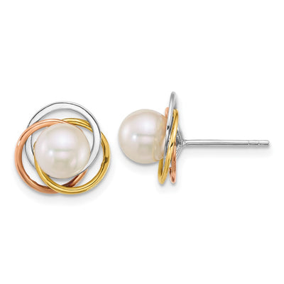 14K Tri-color Polished Round White South Sea Saltwater Cultured Pearl Love Knot Post Earrings
