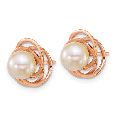 14K Rose Gold Polished Round White South Sea Saltwater Cultured Pearl Love Knot Post Earrings