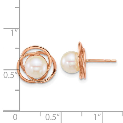 14K Rose Gold Polished Round White South Sea Saltwater Cultured Pearl Love Knot Post Earrings