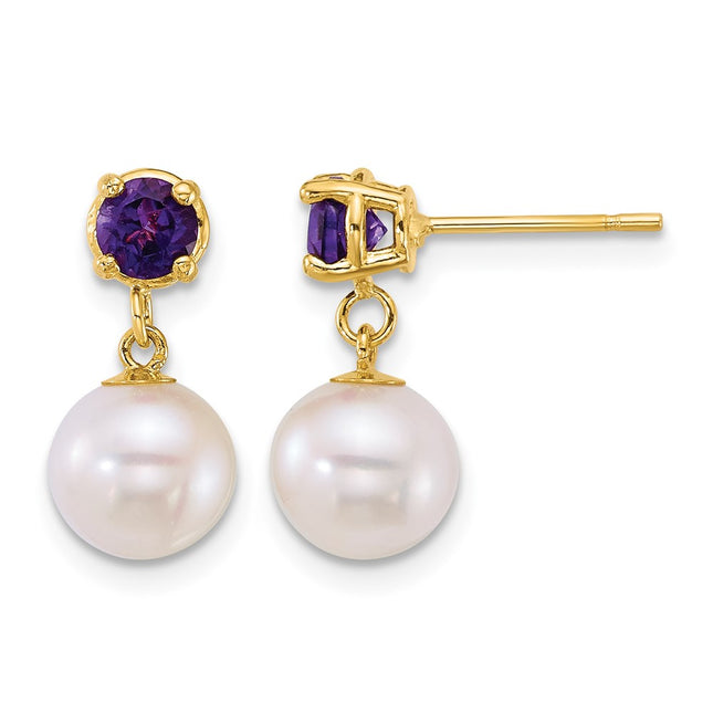 14k Polished 7- Round White Freshwater Cultured Pearl and Garnet Dangle Post Earrings