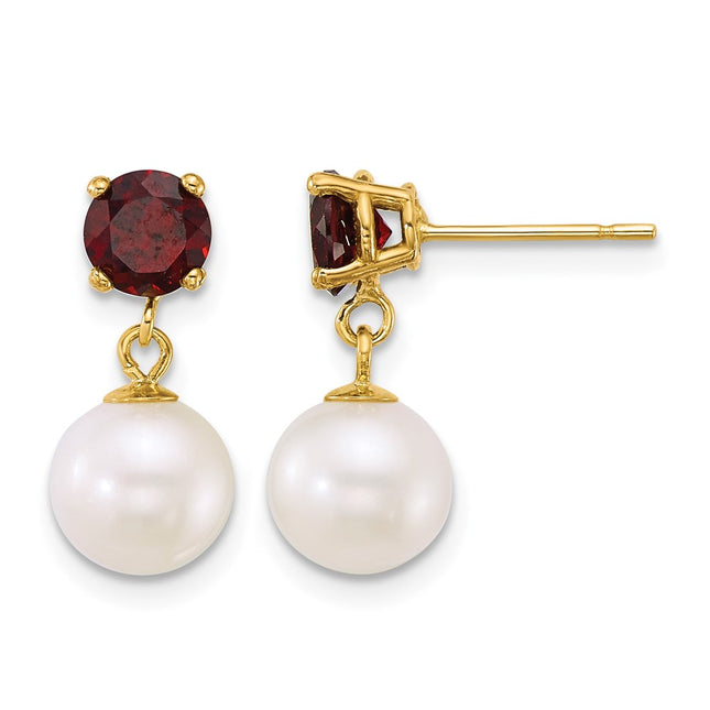 14k Polished 7- Round White Freshwater Cultured Pearl and Garnet Dangle Post Earrings