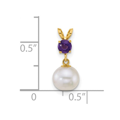 14K Polished Round White Freshwater Cultured Pearl Dangle and Amethyst Pendant