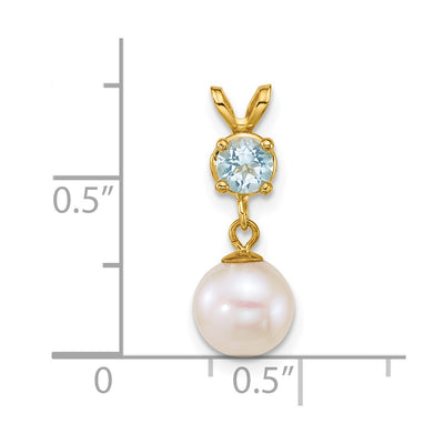 14K Polished Round White Freshwater Cultured Pearl Dangle and Blue Topaz Pendant