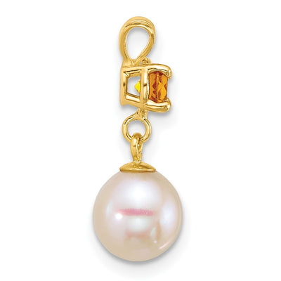 14K Polished Round White Freshwater Cultured Pearl Dangle and Citrine Pendant