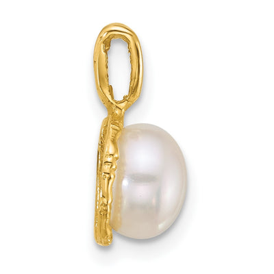 14K Polished Button White Freshwater Cultured Pearl Pendant, 14.4 x 8.3mm
