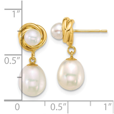 14K Polished Button and Rice White Freshwater Cultured Pearl Dangle Post Earrings