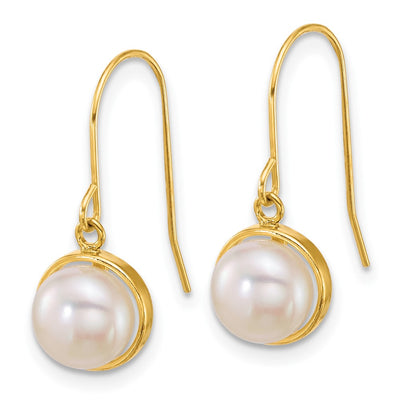 14K Polished Button White Freshwater Cultured Pearl Dangle Shepherd Hook Earrings