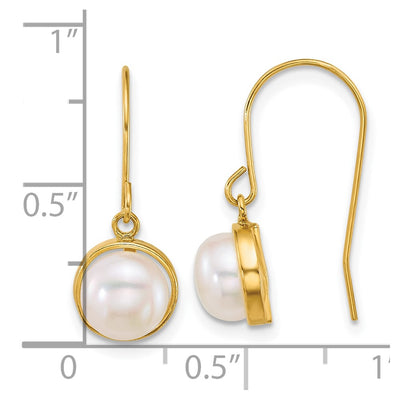 14K Polished Button White Freshwater Cultured Pearl Dangle Shepherd Hook Earrings