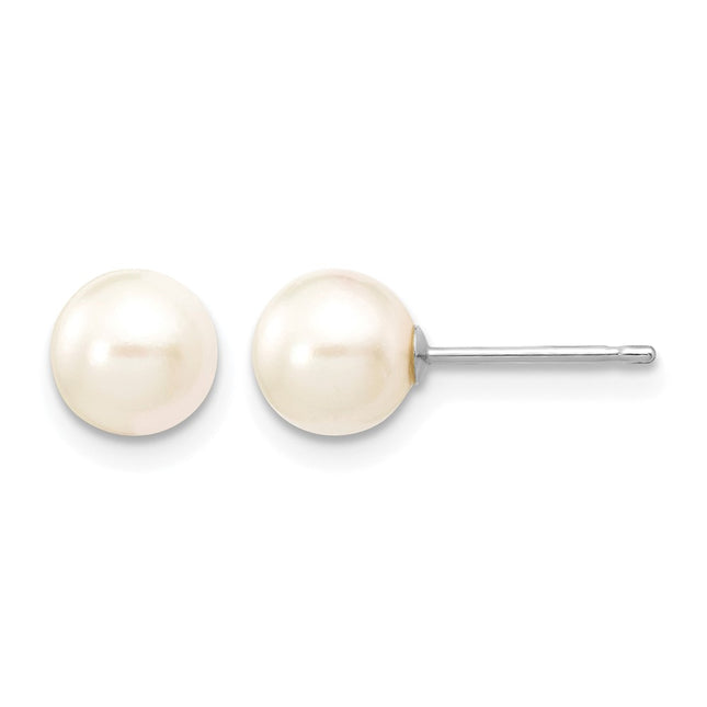 14k White Gold 6- White Round Akoya Saltwater Cultured Pearl Post Earrings, 6 to 7 x 6 to 7mm