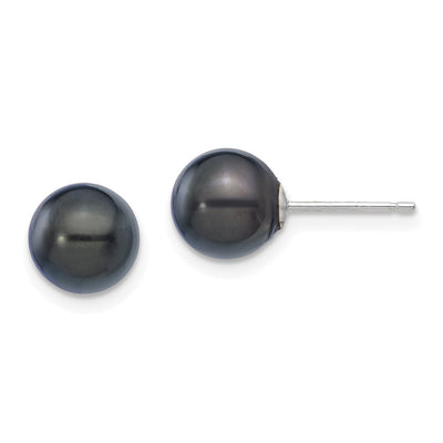 14K White Gold Black Round Akoya Saltwater Cultured Pearl Post Earrings