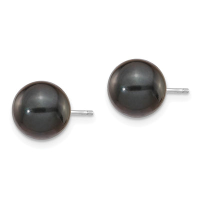 14K White Gold Black Round Black Akoya Saltwater Cultured Pearl Post Earrings