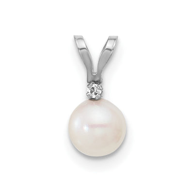 14K White Gold White Round Akoya Saltwater Cultured Pearl and .01 Carat Diamond Pendant