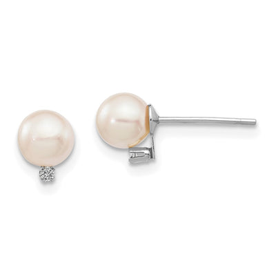 14K White Gold White Round Akoya Saltwater Akoya and .02 Carat Diamond Earrings