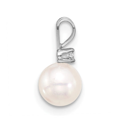 14K White Gold White Round Akoya Saltwater Pearl and .03 Carat Diamond Pendant