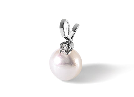 14k White Gold 6- White Round Akoya Saltwater Pearl and .03 Carat Diamond Pendant