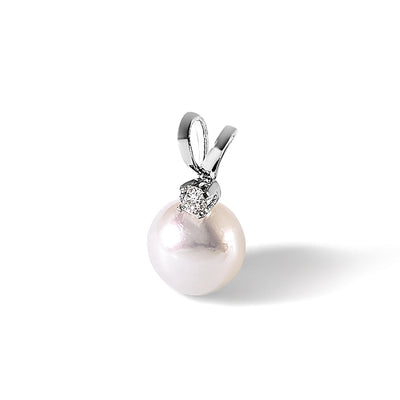 14K White Gold White Round Akoya Saltwater Pearl and .03 Carat Diamond Pendant