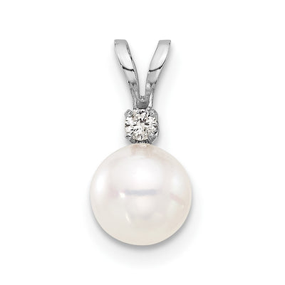 14K White Gold White Round Akoya Saltwater Pearl and .03 Carat Diamond Pendant
