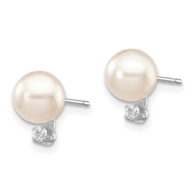 14K White Gold White Round Akoya Saltwater Cultured Pearl and .06 Carat Diamond Post Earrings