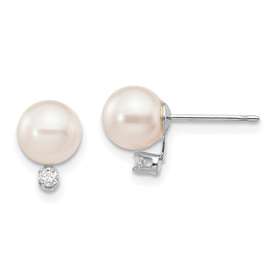 14K White Gold White Round Akoya Saltwater Cultured Pearl and .06 Carat Diamond Post Earrings