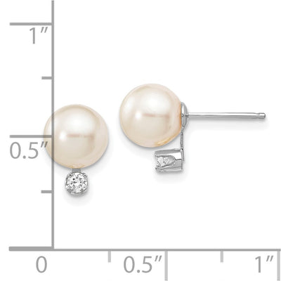 14K White Gold White Round Akoya Saltwater Cultured Pearl and .10 Carat Diamond Post Earrings