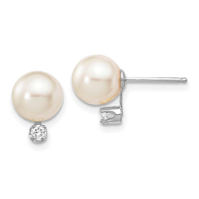 14K White Gold White Round Akoya Saltwater Cultured Pearl and .10 Carat Diamond Post Earrings