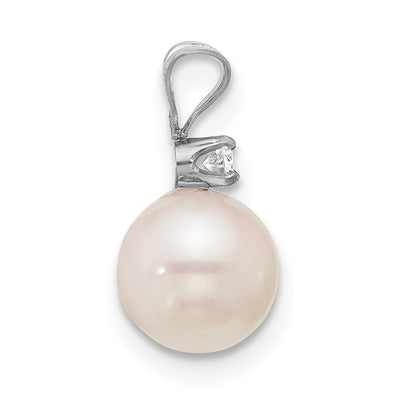 14K White Gold White Round Akoya Saltwater Cultured Pearl and .05 Carat Diamond Pendant