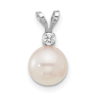 14K White Gold White Round Akoya Saltwater Cultured Pearl and .05 Carat Diamond Pendant
