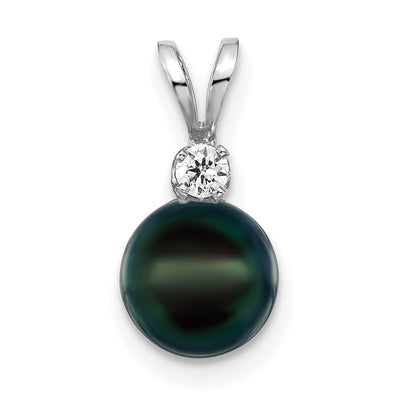 14K White Gold Black Round Akoya Saltwater Cultured Pearl and 1/20 Carat Diamond Pendant
