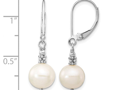 14k White Gold 8- White Near-Round Freshwater Cultured Pearl Dangle Leverback Earrings