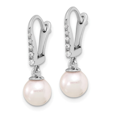 14K White Gold White Round Akoya Saltwater Cultured Pearl and .085 Carat Diamond Dangle Earrings