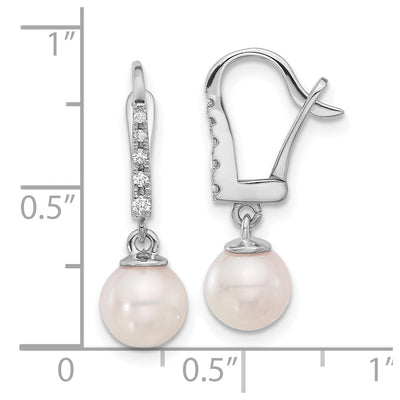 14K White Gold White Round Akoya Saltwater Cultured Pearl and .085 Carat Diamond Dangle Earrings