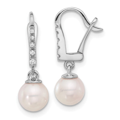 14K White Gold White Round Akoya Saltwater Cultured Pearl and .085 Carat Diamond Dangle Earrings