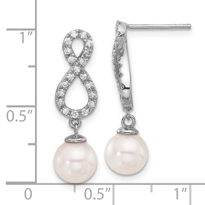 14K White Gold White Round Akoya Saltwater Cultured Pearl and .40 Carat Diamond Infinity Post Dangle Earrings