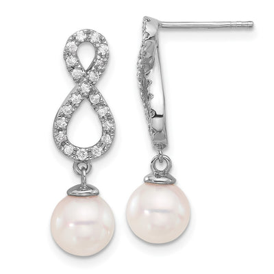 14K White Gold White Round Akoya Saltwater Cultured Pearl and .40 Carat Diamond Infinity Post Dangle Earrings
