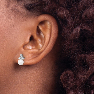 14K White Gold White Round Freshwater Cultured Pearl .06 Carat Diamond Post Earrings