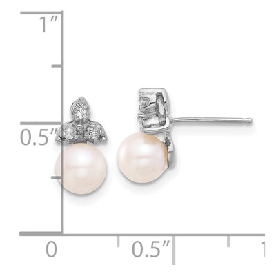 14K White Gold White Round Freshwater Cultured Pearl .06 Carat Diamond Post Earrings