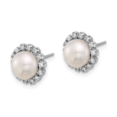 14K White Gold White Button Freshwater Cultured Pearl and .28 Carat Diamond Post Earrings