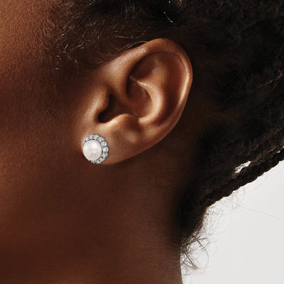 14K White Gold White Button Freshwater Cultured Pearl and .28 Carat Diamond Post Earrings