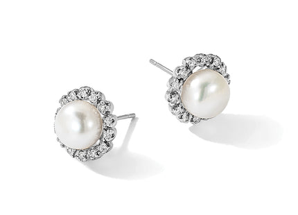 14k White Gold 7- White Button Freshwater Cultured Pearl and .28 Carat Diamond Post Earrings