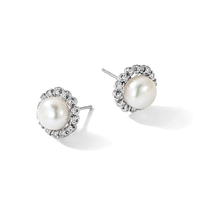 14K White Gold White Button Freshwater Cultured Pearl and .28 Carat Diamond Post Earrings
