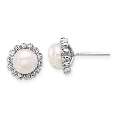 14K White Gold White Button Freshwater Cultured Pearl and .28 Carat Diamond Post Earrings