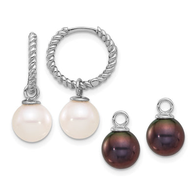 14K White Gold Black and White Freshwater Cultured Pearl Removable Dangle Hoop Earrings