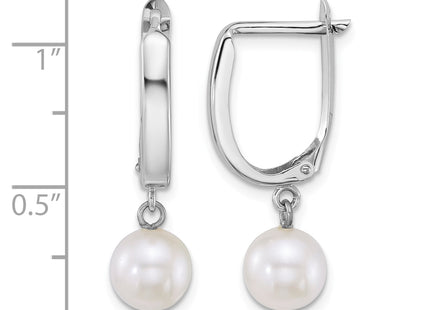 14k White Gold Polished 7- Round White Freshwater Cultured Pearl Dangle Hoop Earrings