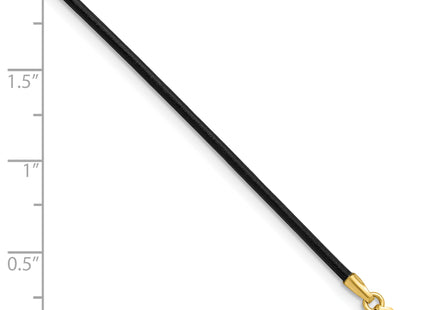 14k Yellow Clasp Black Leather Cord Necklace, 16 x 1.5mm