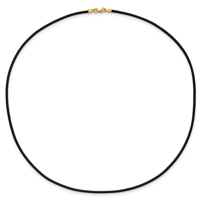 14K Yellow Clasp Black Leather Cord Necklace, 16 x 1.5mm