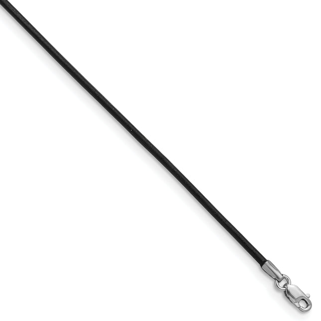 14k White Gold Clasp Black Leather Cord Necklace, 16 x 1.5mm