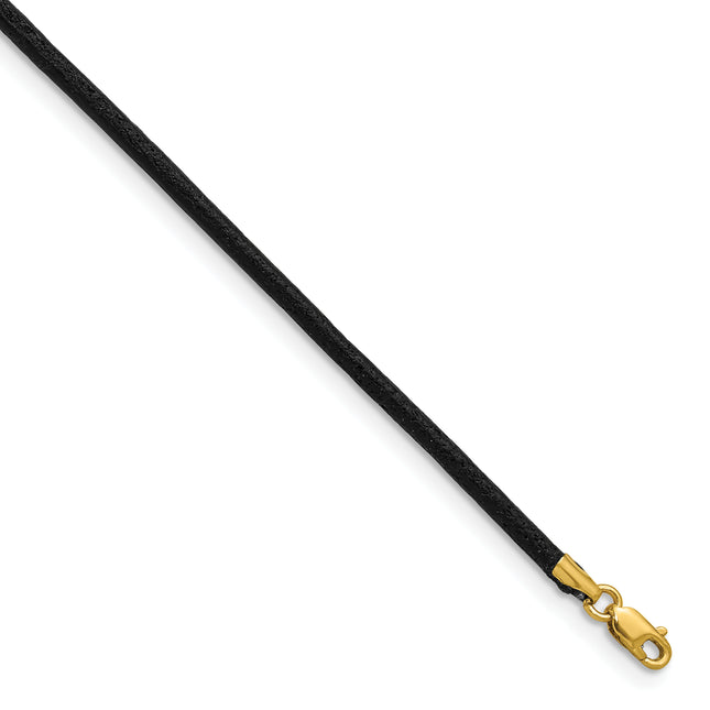 14k Yellow Clasp Black Leather Cord Necklace, 16 x 2mm