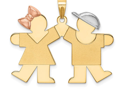 14k Tri-Color Large Girl on Left and Boy on Right Engravable Charm (Style XK103)