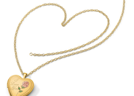 14K Pink and Green Enamel Rose I LOVE YOU Script Heart Locket